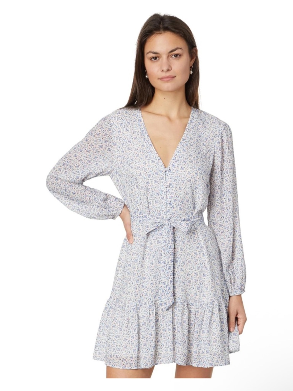 PAIGE Marylyn Light Blue Floral V-Neck Tie-Waist Long Sleeve Dress